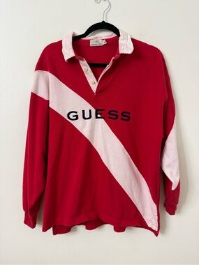 {L} Vintage. GUESS Red & Light Pink Diagonal Rugby Shirt *FLAWS READ*